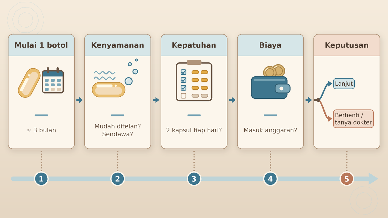 Alur menilai satu botol omega-3 dari kiri ke kanan: mulai, kenyamanan, kepatuhan, biaya, keputusan lanjut atau berhenti. Tim Dinasti