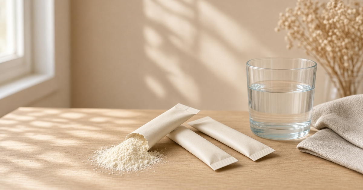 Sachet serbuk probiotik dan segelas air di meja dapur yang terang